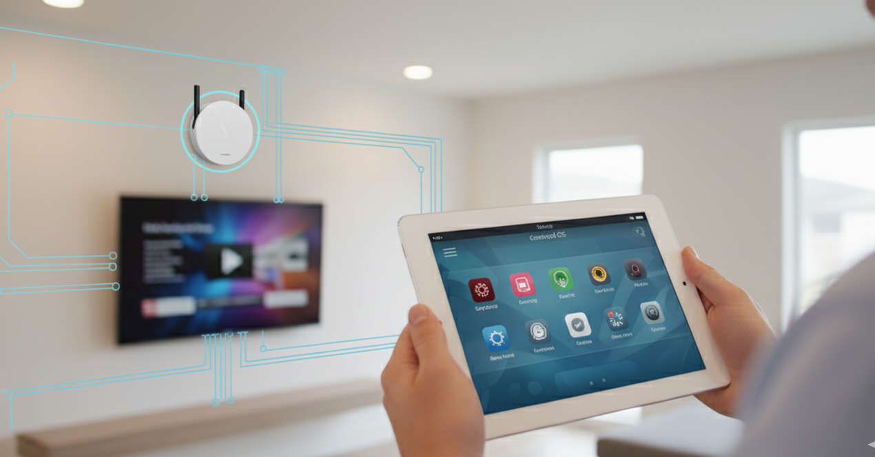 A modern smart home with a graphic overlay showing the network
